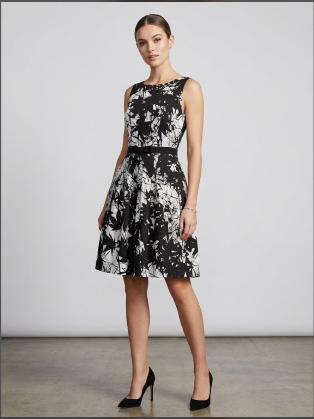 Taylor Fit And Flare Lined Black and White Cotton  Floral Midi Dress Pockets